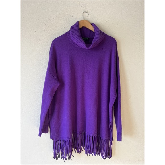 Lauren Ralph Lauren Purple Cashmere Blend Turtleneck with Fringe L Luxury Flaw - Picture 1 of 15